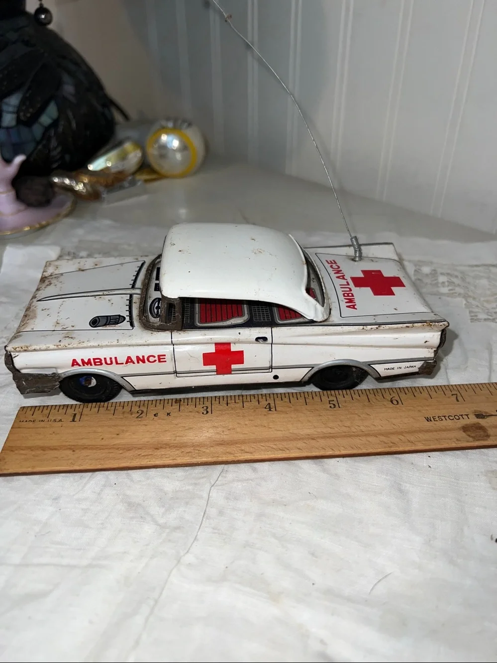 Vintage Ichiko Japan Tinplate Friction Cadillac Fleetwood Ambulance 1950s Toy